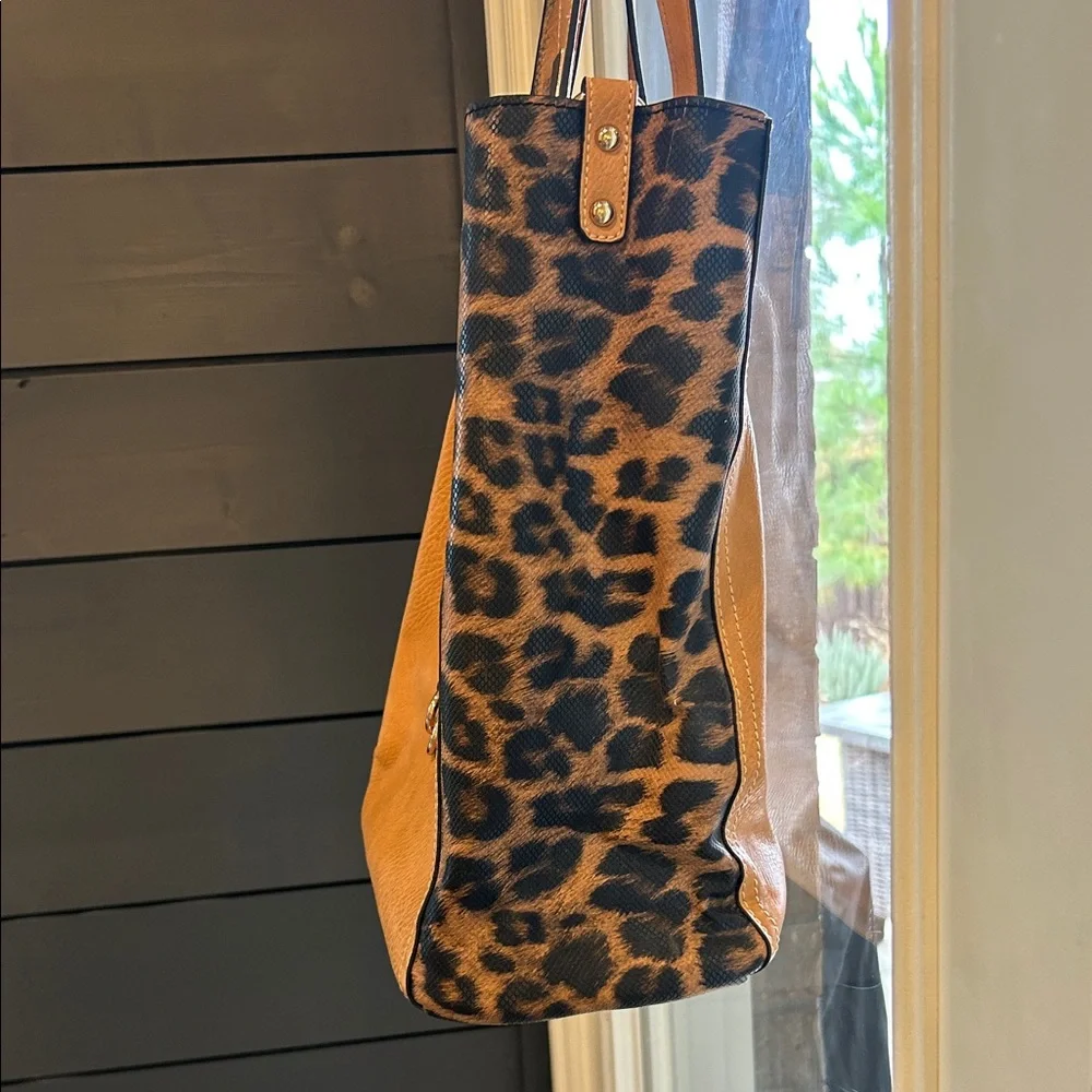 Boutique Tan and Leopard Print faux leather Tote with velvet lined interior